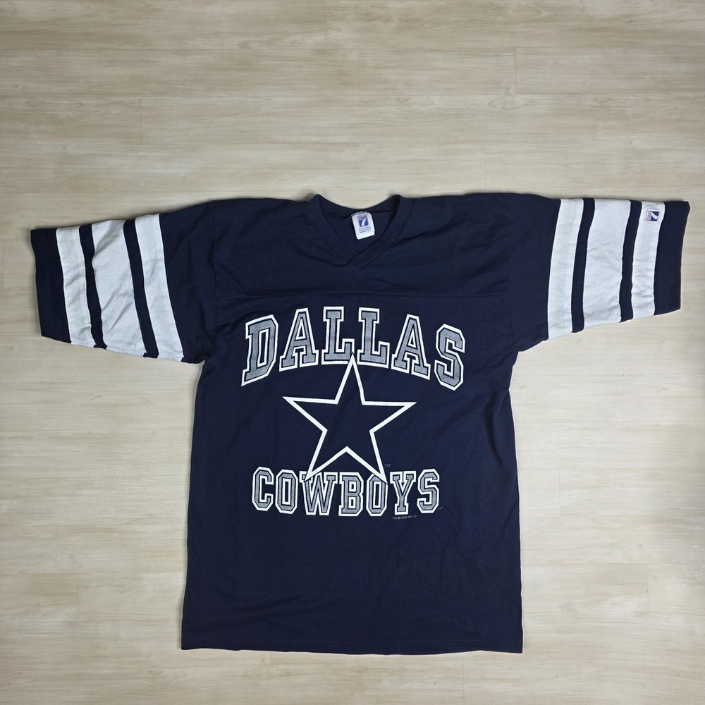 Vintage 1993 Dallas Cowboys Shirt Spellout V Neck‎ Logo 7 Blue Size Large
